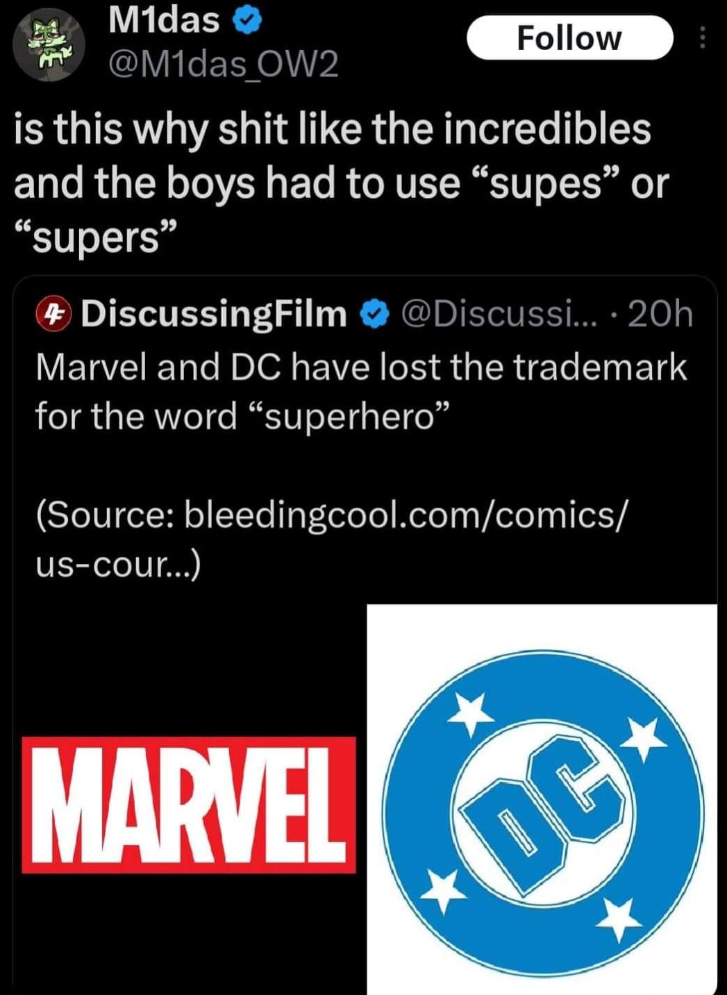 WA GER 3 B o1t Gil _Follow is this why shit like the incredibles and the boys had to use supes or supers DiscussingFilm Dj VETVEET TN plod IR R U ERVE T I ETI for the word superhero 20h Source bleedingcoolcomcomics us cour