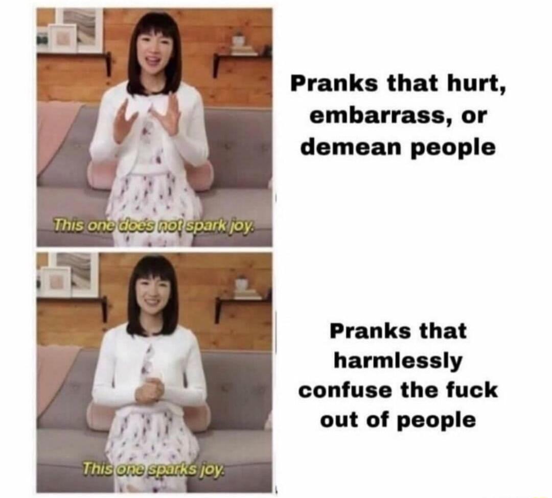 Pranks that hurt embarrass or demean people Pranks that harmi ly confuse the fuck out of people
