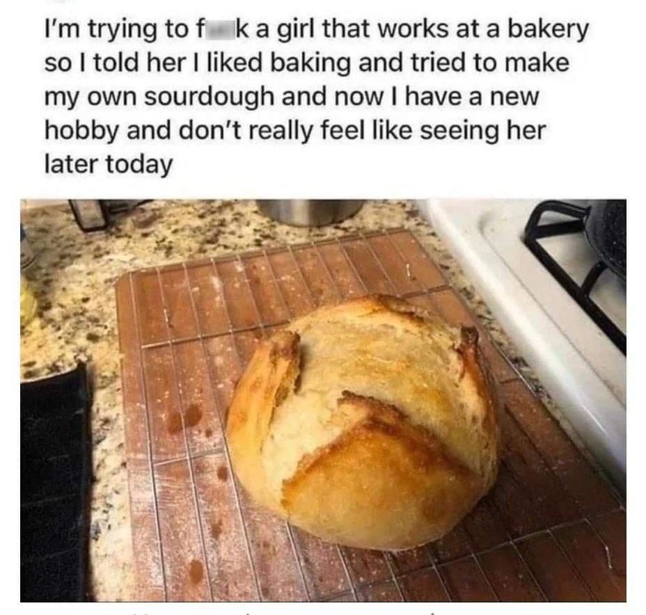 MaxwellVador 18h Im trying to fusk a girl that works at a bakery so told her liked baking and tried to make my own sourdough and now have a new hobby and dont really feel like seeing her later today