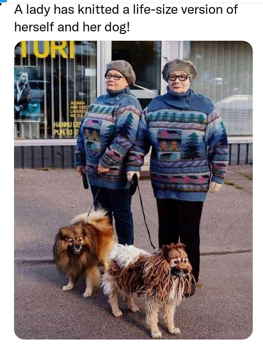 A lady has knitted a life size version of herself and her dog