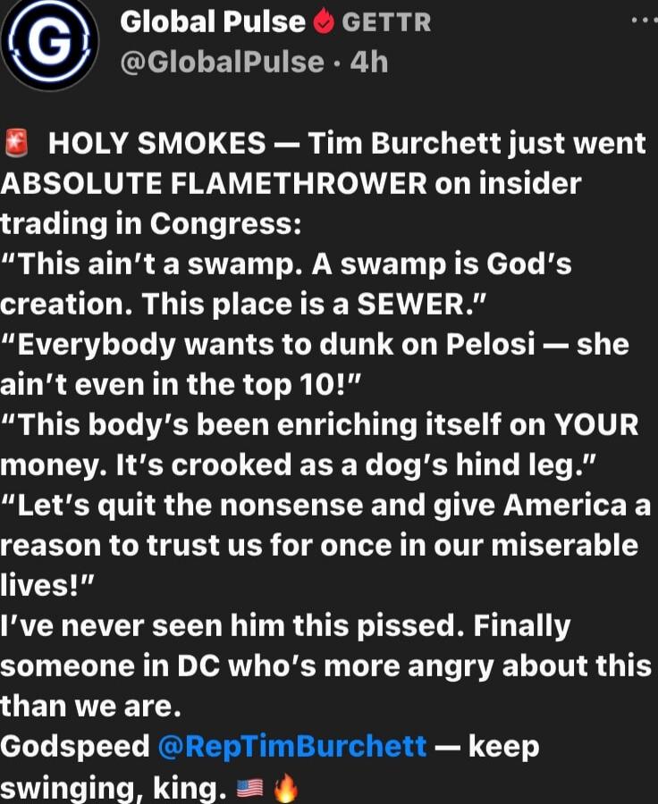 HOLY SMOKES — Tim Burchett just went ABSOLUTE FLAME THROWER on insider trading in Congress: 

