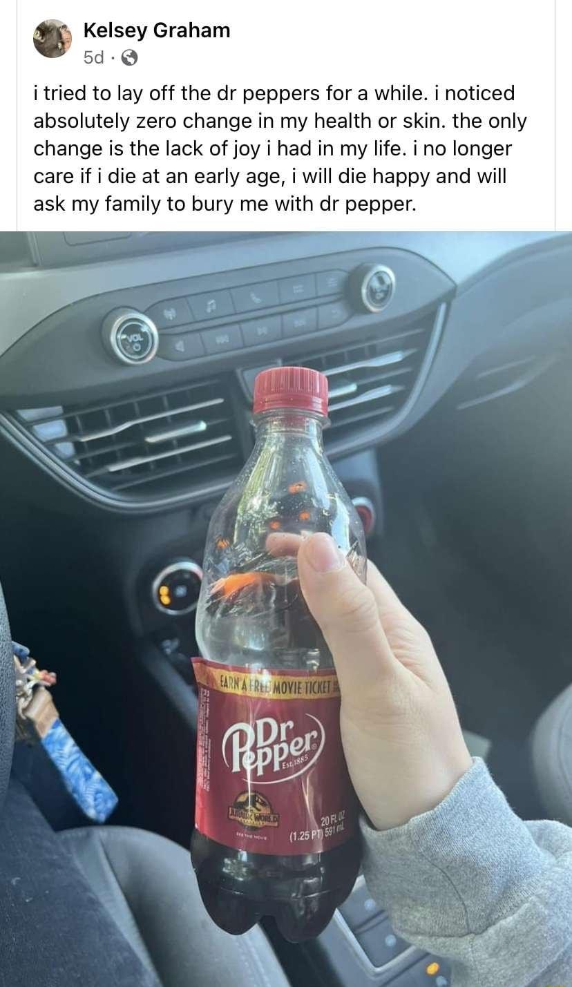 Kelsey Graham 5d Q i tried to lay off the dr peppers for a while i noticed absolutely zero change in my health or skin the only change is the lack of joy i had in my life i no longer care if i die at an early age i will die happy and will ask my family to bury me with dr pepper