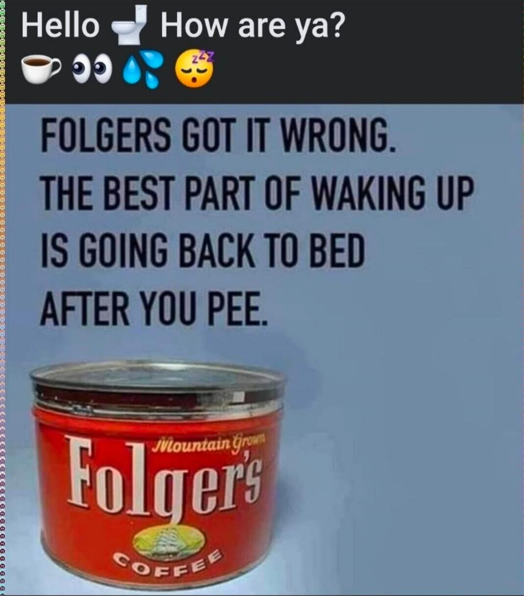 Hello 🚽 How are ya? ☕ 👀 💧 😴 FOLGERS GOT IT WRONG. THE BEST PART OF WAKING UP IS GOING BACK TO BED AFTER YOU PEE. Folgers Mountain Grown Coffee