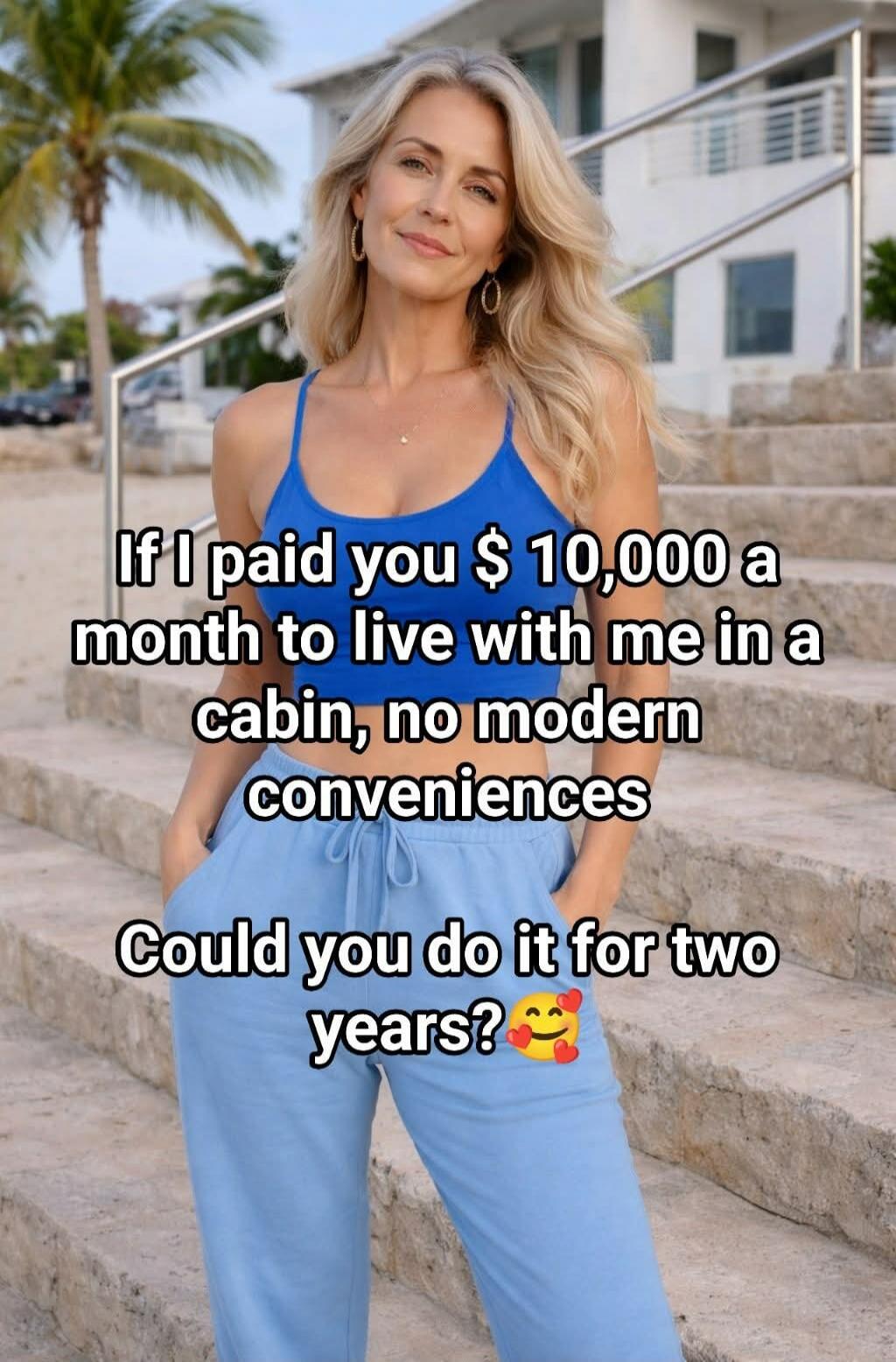 If I paid you $10,000 a month to live with me in a cabin, no modern conveniences. Could you do it for two years? 🥰