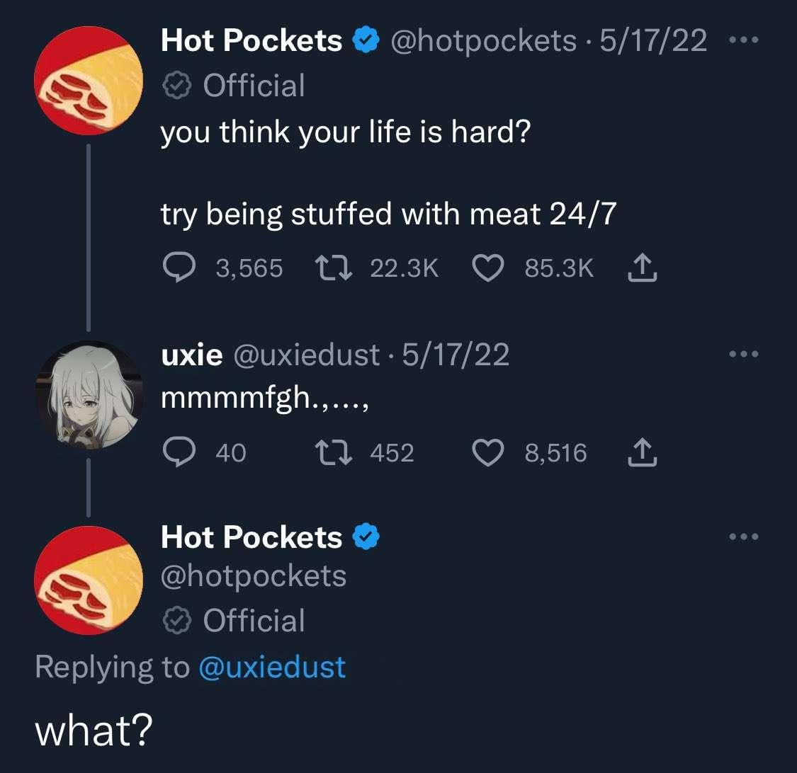 Hot Pockets hotpockets 51722 2 Official you think your life is hard try being stuffed with meat 247 3565 13 223k Q 853K A uxie uxiedust 51722 Q mmmmfgh Q 40 a2 Q8516 A Hot Pockets hotpockets Official Replying to uxiedust what