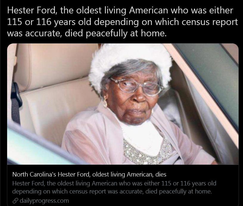 Hester Ford the oldest living American who was either 115 or 116 years old depending on which census report WENE el 1Mo Ye WoT 1el V1I Tl alelgg 1N North Carolinas Hester Ford oldest living American dies