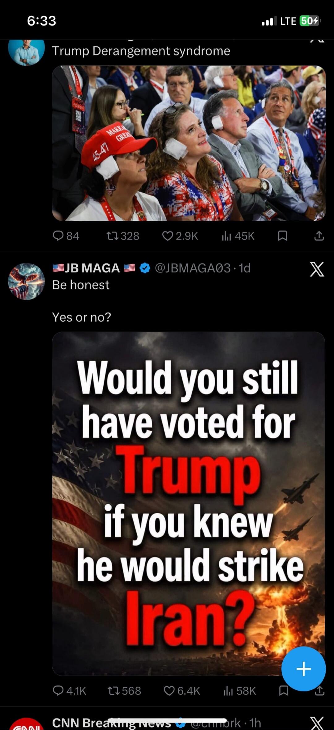 Trump Derangement syndrome. Be honest. Yes or no? Would you still have voted for Trump if you knew he would strike Iran? MAKE AMERICA GREAT 45-47.