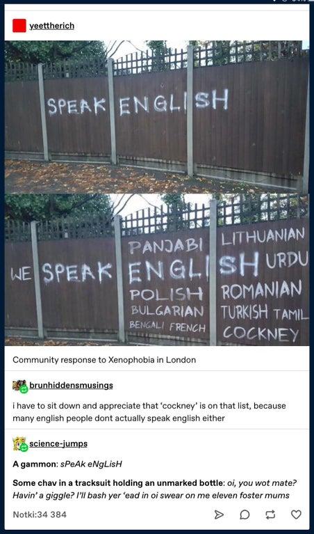 SPERKREN G iEH PANIABI e wesPERKENGLSH V PoL 15 ROMANIAN BULGARIAN TURKISH 1AL BENCALL FRENCH Il O KNES Community response to Xenophobia in London ihave to sit down and appreciate that cockney is on that Iist because many english people dont actually speak english either science fumps Agammon sPeAk eNgLisH Some chav in a tracksuit holding an unmarked bottle oj you wot mate Havina giggle Il bash ye