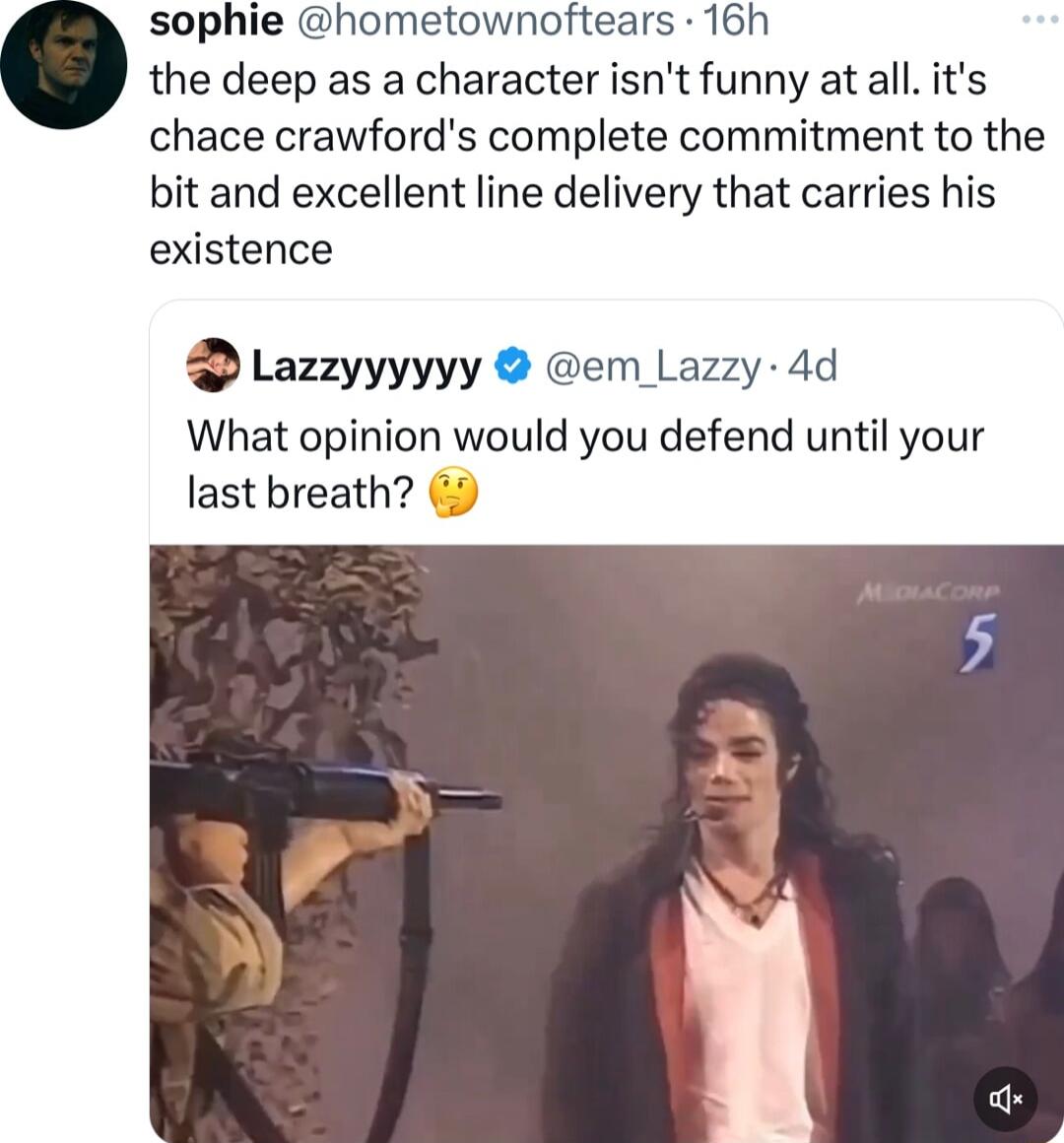 sophie hometownoftears 16h the deep as a character isnt funny at all its chace crawfords complete commitment to the bit and excellent line delivery that carries his existence D Lazzyyyyyy em Lazzy 4d What opinion would you defend until your last breath 5