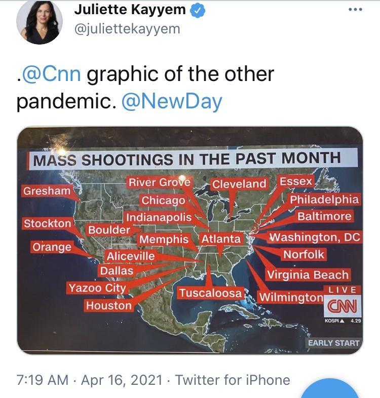 Juliette Kayyem 6 juliettekayyem Cnn graphic of the other pandemic NewDay MASS SHOOTINGS IN THE PAST MONTH 3 EARLY START 719 AM Apr 16 2021 Twitter for iPhone