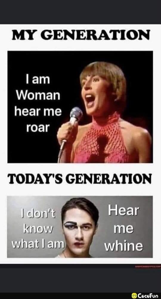 MY GENERATION I am Woman hear me roar TODAY'S GENERATION I don't know what I am Hear me whine