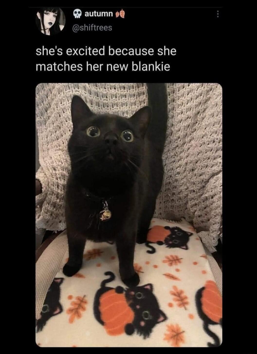 she's excited because she matches her new blankie