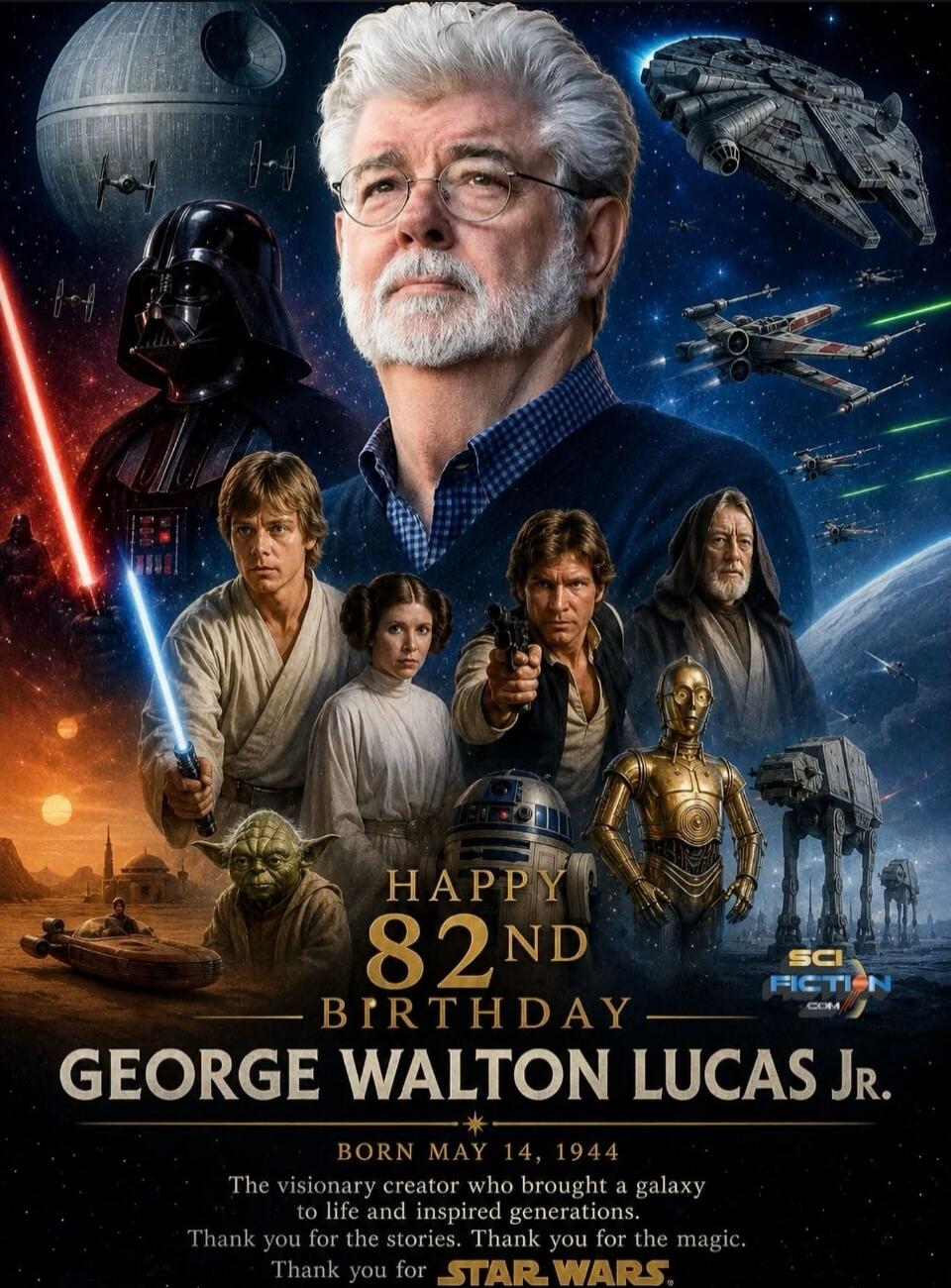 SCI FICTION.COM HAPPY 82ND BIRTHDAY GEORGE WALTON LUCAS Jr. BORN MAY 14, 1944 The visionary creator who brought a galaxy to life and inspired generations. Thank you for the stories. Thank you for the magic. Thank you for STAR WARS.