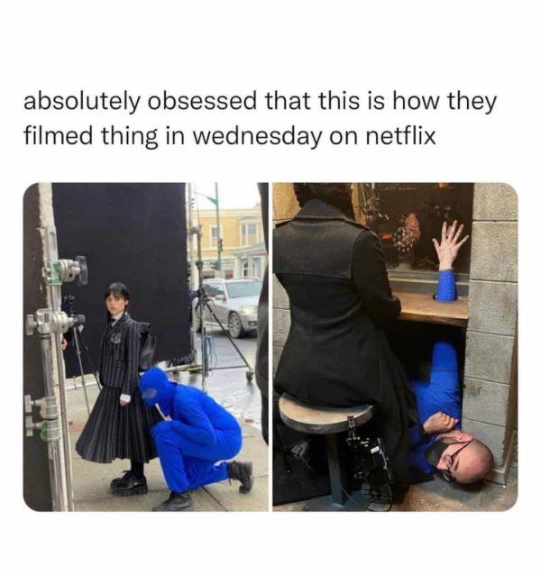 absolutely obsessed that this is how they filmed thing in wednesday on netflix