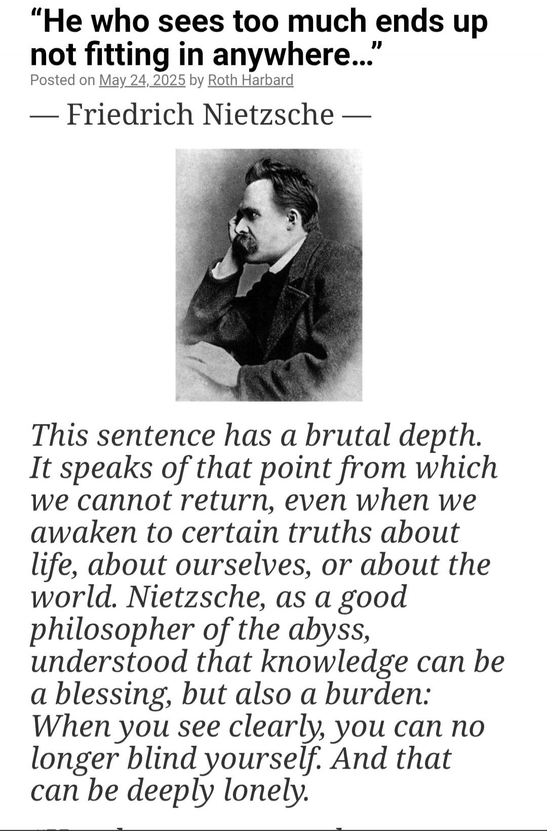 He who sees too much ends up not fitting in anywhere...
Posted on May 24, 2025 by Roth Harbard
— Friedrich Nietzsche —
This sentence has a brutal depth. It speaks of that point from which we cannot return, even when we awaken to certain truths about life, about ourselves, or about the world. Nietzsche, as a good philosopher of the abyss, understood