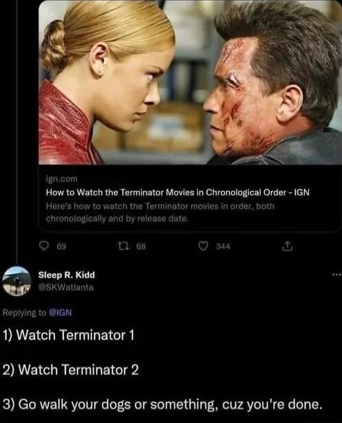 How to Watch the Terminator Movies In Chronological Order IGN chronologically and by tor movies in order both A Stoep R Kidd oy Kt Replying to GN 1 Watch Terminator 1 2 Watch Terminator 2 3 Go walk your dogs or something cuz youre done