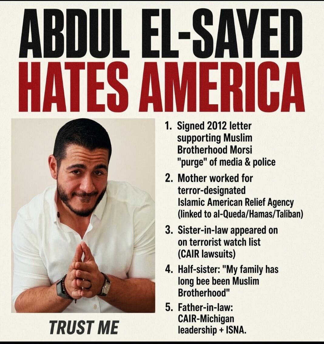 ABDUL EL-SAYED HATES AMERICA. TRUST ME. 1. Signed 2012 letter supporting Muslim Brotherhood Morsi 