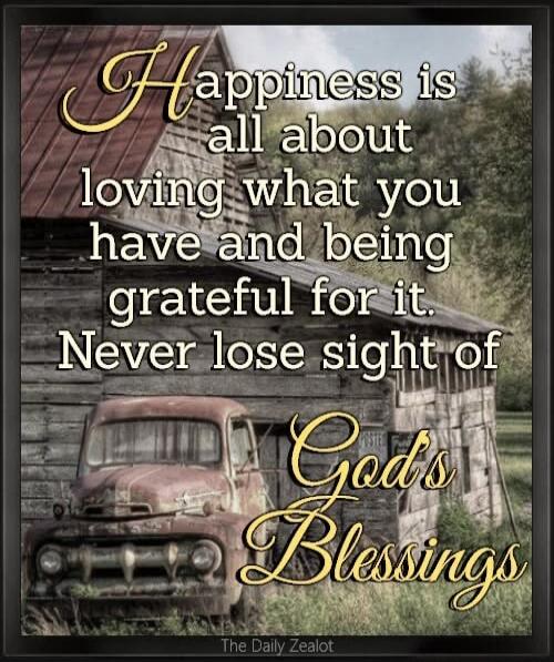 Happiness is all about loving what you have and being grateful for it. Never lose sight of God's Blessings. The Daily Zealot