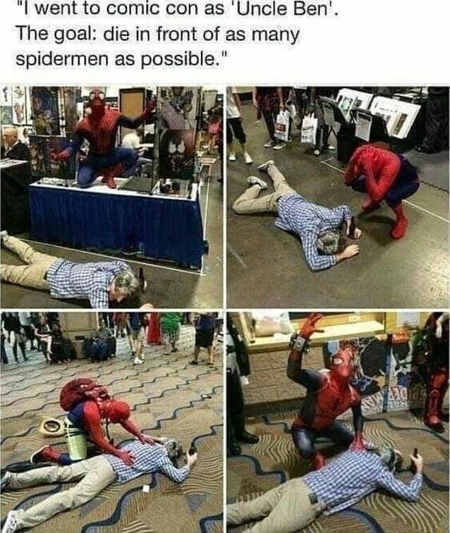 went to comic con as Uncle Ben The go ie in front of as many spidermen as possible