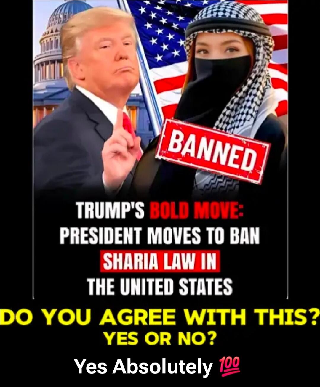 TRUMP'S BOLD MOVE: PRESIDENT MOVES TO BAN SHARIA LAW IN THE UNITED STATES
DO YOU AGREE WITH THIS? YES OR NO?
Yes Absolutely 💯
