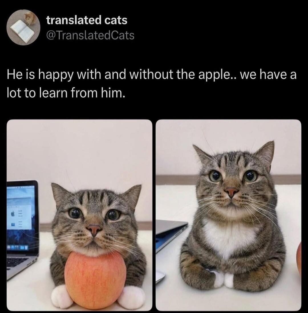 He is happy with and without the apple.. we have a lot to learn from him.