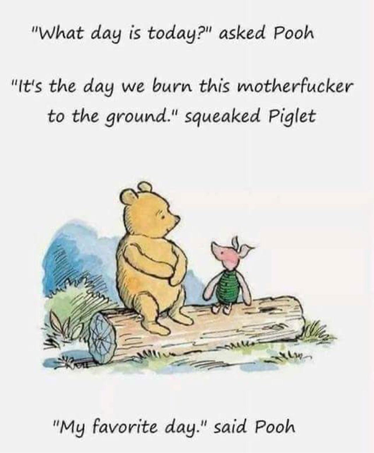 What day is today asked Pooh Its the day we burn this motherfucker to the ground squeaked Piglet My favorite day said Pooh