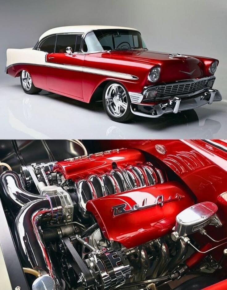 Two images of a classic vintage car: a red and white two-tone convertible with chrome detailing, and a close-up of the high-performance engine with polished metal components.