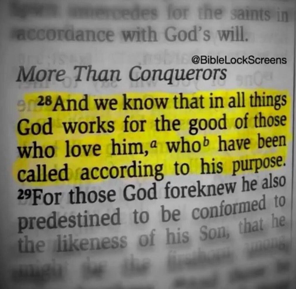 mercedes for the saints in accordance with God's will. More Than Conquerors @BibleLockScreens 28 And we know that in all things God works for the good of those who love him, who have been called according to his purpose. 29 For those God foreknew he also predestined to be conformed to the likeness of his Son, that he might be the firstborn among ma