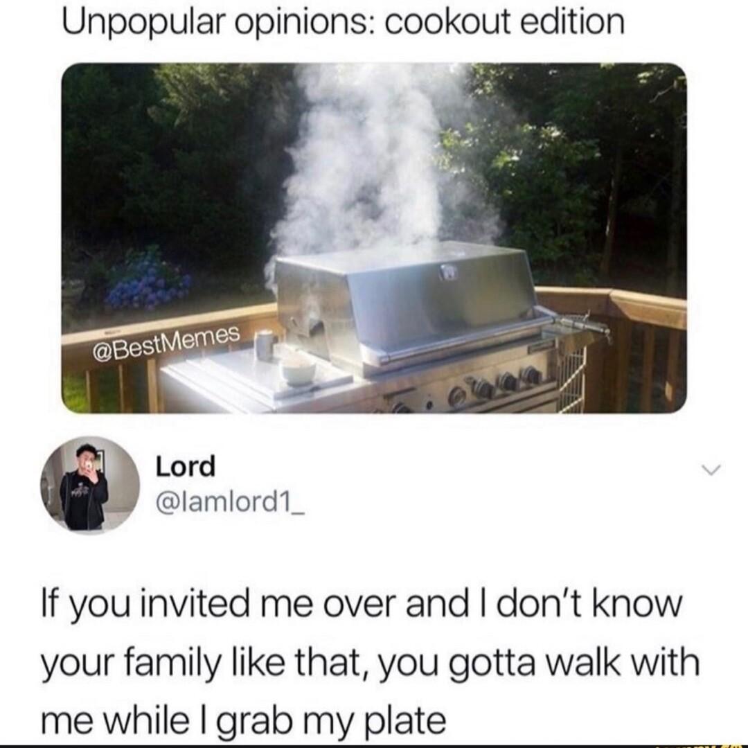 Unpopular opinions cookout edition Lord lamlord1 If you invited me over and dont know your family like that you gotta walk with me while grab my plate