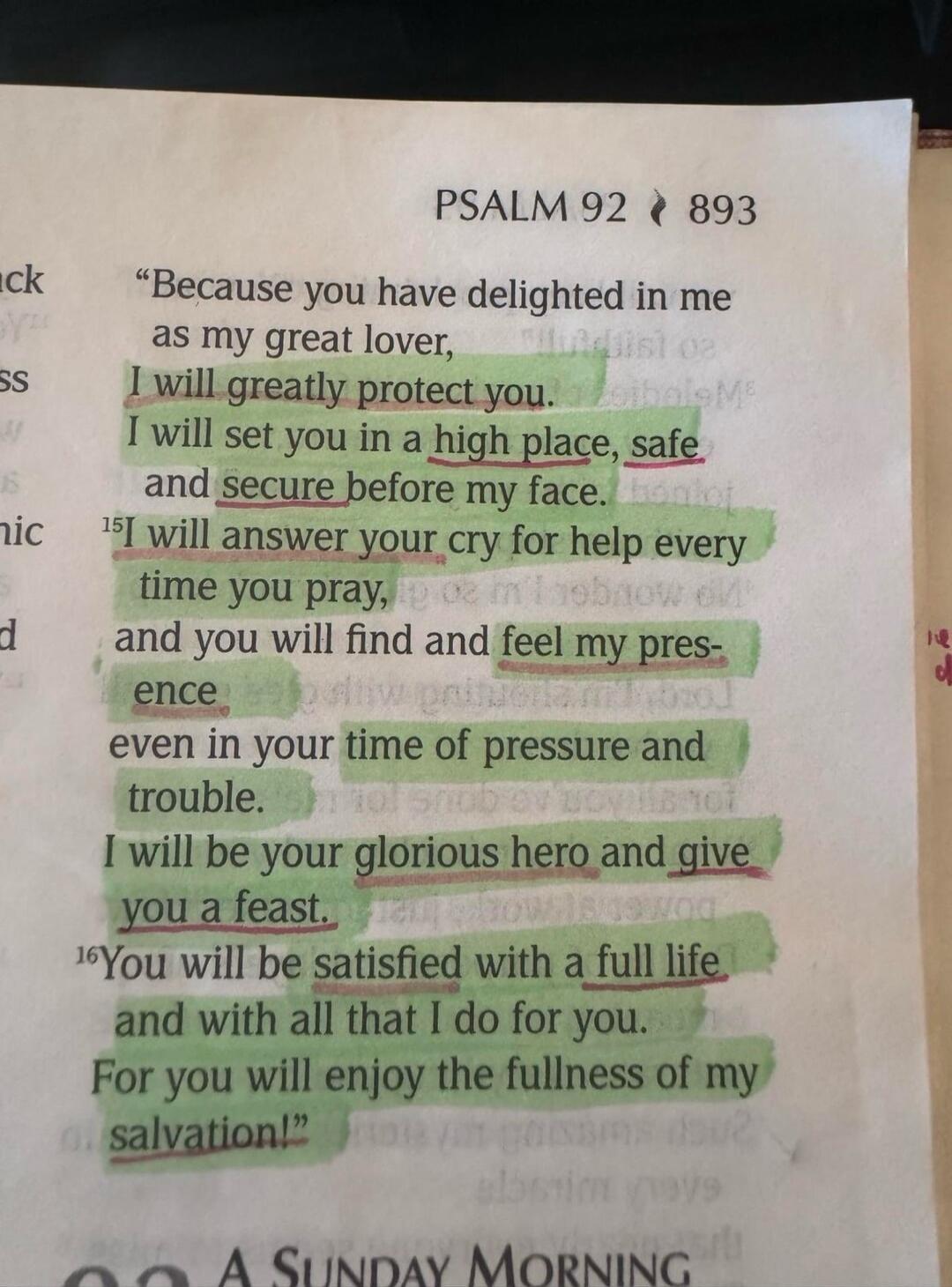 Because you have delighted in me as my great lover, I will greatly protect you. I will set you in a high place, safe and secure before my face. I will answer your cry for help every time you pray, and you will find and feel my presence even in your time of pressure and trouble. I will be your glorious hero and give you a feast. You will be satisfie