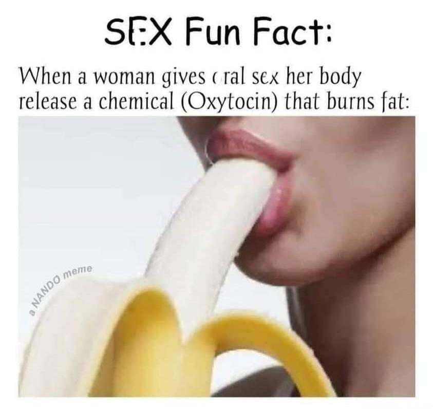 SEX Fun Fact: When a woman gives oral sex her body releases a chemical (Oxytocin) that burns fat. a NANDO meme