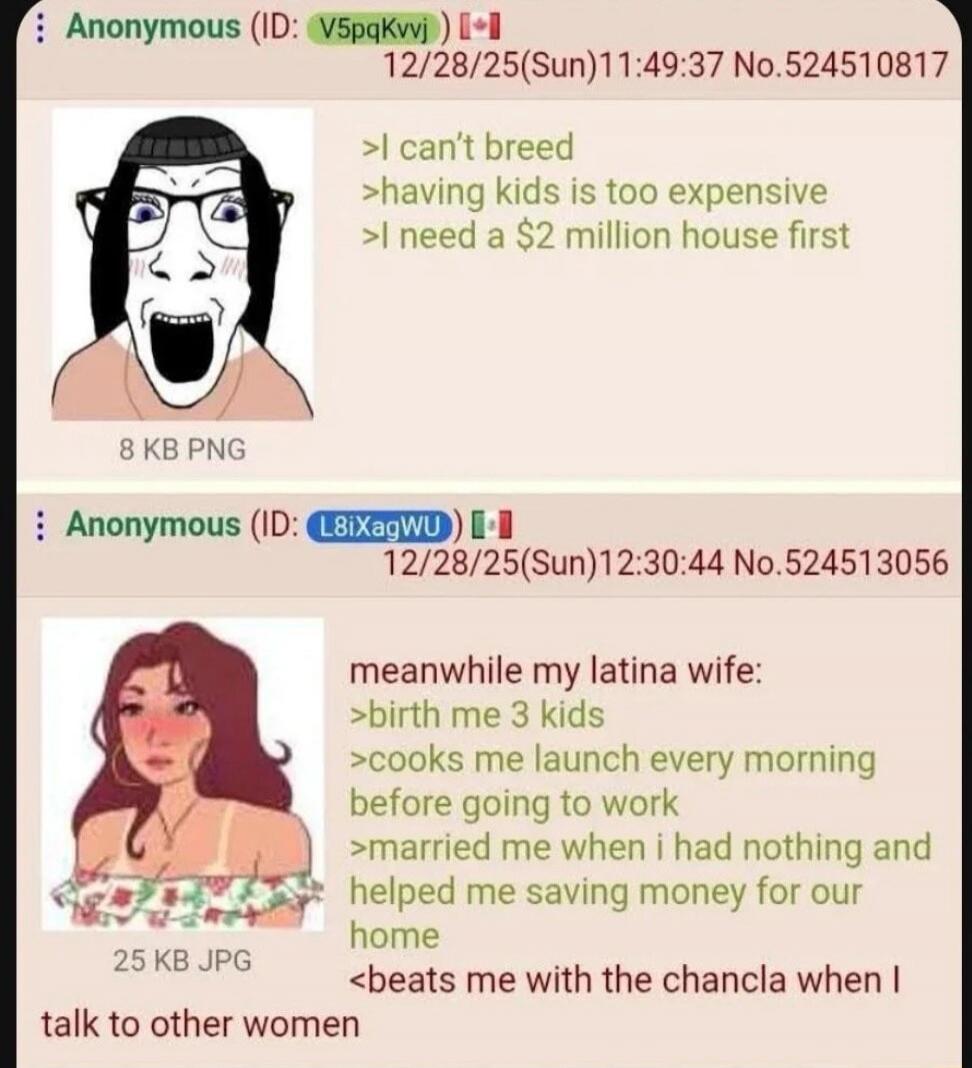 I can't breed having kids is too expensive I need a $2 million house first meanwhile my latina wife: birth me 3 kids cooks me launch every morning before going to work married me when i had nothing and helped me saving money for our home beats me with the chancla when I talk to other women