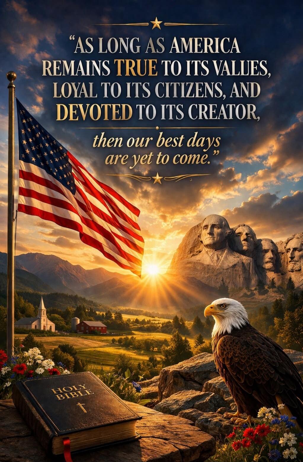 AS LONG AS AMERICA REMAINS TRUE TO ITS VALUES, LOYAL TO ITS CITIZENS, AND DEVOTED TO ITS CREATOR, then our best days are yet to come. HOLY BIBLE