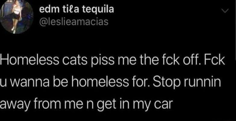 LR ER LTI S CIEHEE EVER Homeless cats piss me the fck off Fck u wanna be homeless for Stop runnin away from me n getin my car