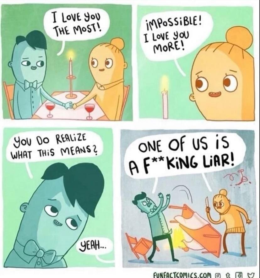 I LOVE YOU THE MOST!
IMPOSSIBLE! I LOVE YOU MORE!
YOU DO REALIZE WHAT THIS MEANS?
YEAH...
ONE OF US IS A F**KING LIAR!