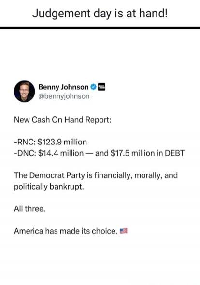 Judgement day is at hand! Benny Johnson @bennyjohnson New Cash On Hand Report: -RNC: $123.9 million -DNC: $14.4 million — and $17.5 million in DEBT The Democrat Party is financially, morally, and politically bankrupt. All three. America has made its choice. 🇺🇸