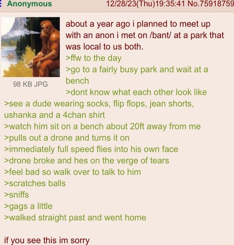 Anonymous 122823Thu193541 No75918759 about a year ago i planned to meet up with an anon i met on bant at a park that was local to us both ffw to the day go to a fairly busy park and wait at a 9skaJpG bench dont know what each other look like see a dude wearing socks flip flops jean shorts ushanka and a 4chan shirt watch him sit on a bench about 20ft away from me pulls out a drone and turns it on i