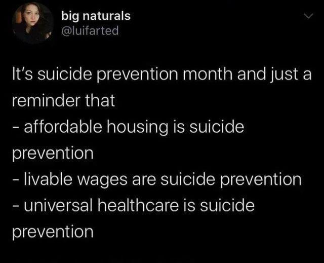 LENTTETES luifarted Its suicide prevention month and just a CINICEIRGET affordable housing is suicide prevention livable wages are suicide prevention universal healthcare is suicide Y