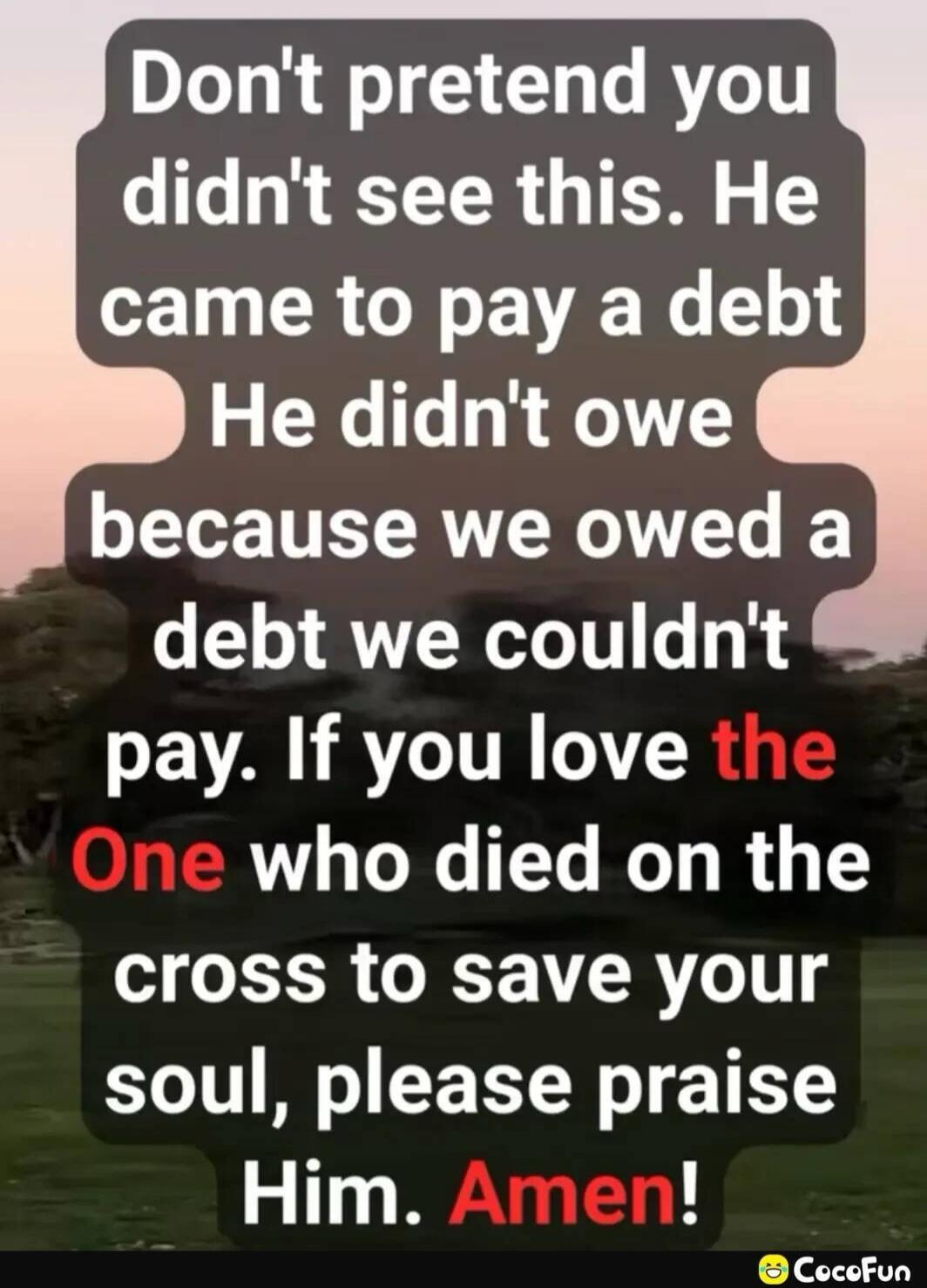 Don't pretend you didn't see this. He came to pay a debt He didn't owe because we owed a debt we couldn't pay. If you love the One who died on the cross to save your soul, please praise Him. Amen!