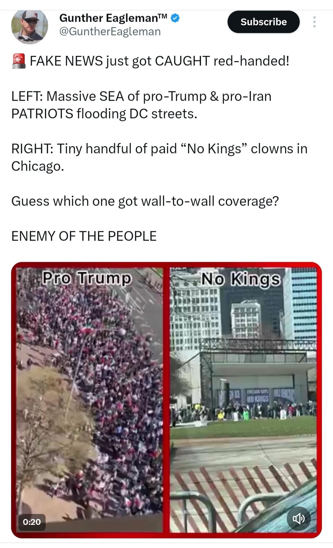 FAKE NEWS just got CAUGHT red-handed! LEFT: Massive SEA of pro-Trump & pro-Iran PATRIOTS flooding DC streets. RIGHT: Tiny handful of paid “No Kings” clowns in Chicago. Guess which one got wall-to-wall coverage? ENEMY OF THE PEOPLE. On the left video frame: Pro Trump. On the right video frame: No Kings, CHICAGO SAYS NO KINGS.