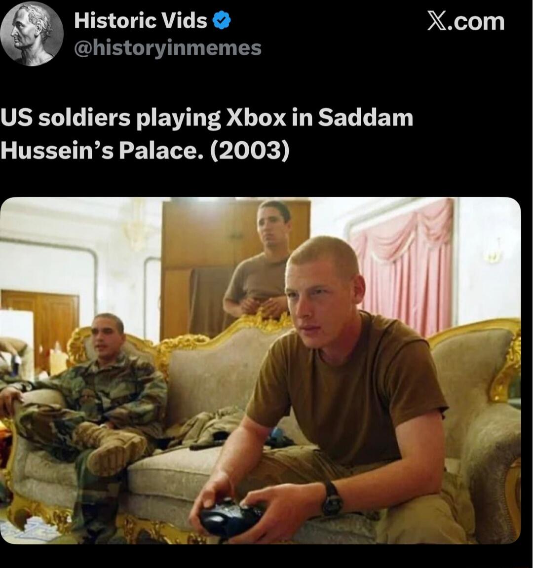 US soldiers playing Xbox in Saddam Hussein's Palace. (2003)