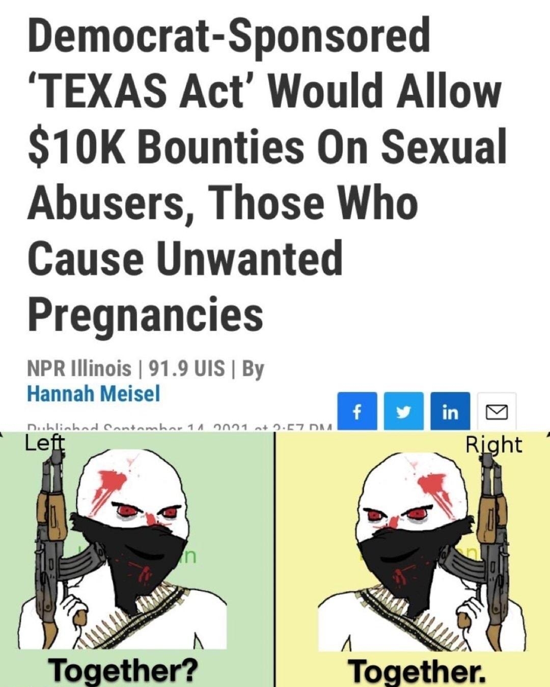 Democrat Sponsored TEXAS Act Would Allow 10K Bounties On Sexual Abusers Those Who Cause Unwanted Pregnancies NPR Illinois 919 UIS By Hannah Meisel Bl LinL J Chanmbtnamibar 14 NNN1 A4 DC7 DAA Right A A A NS Together Together