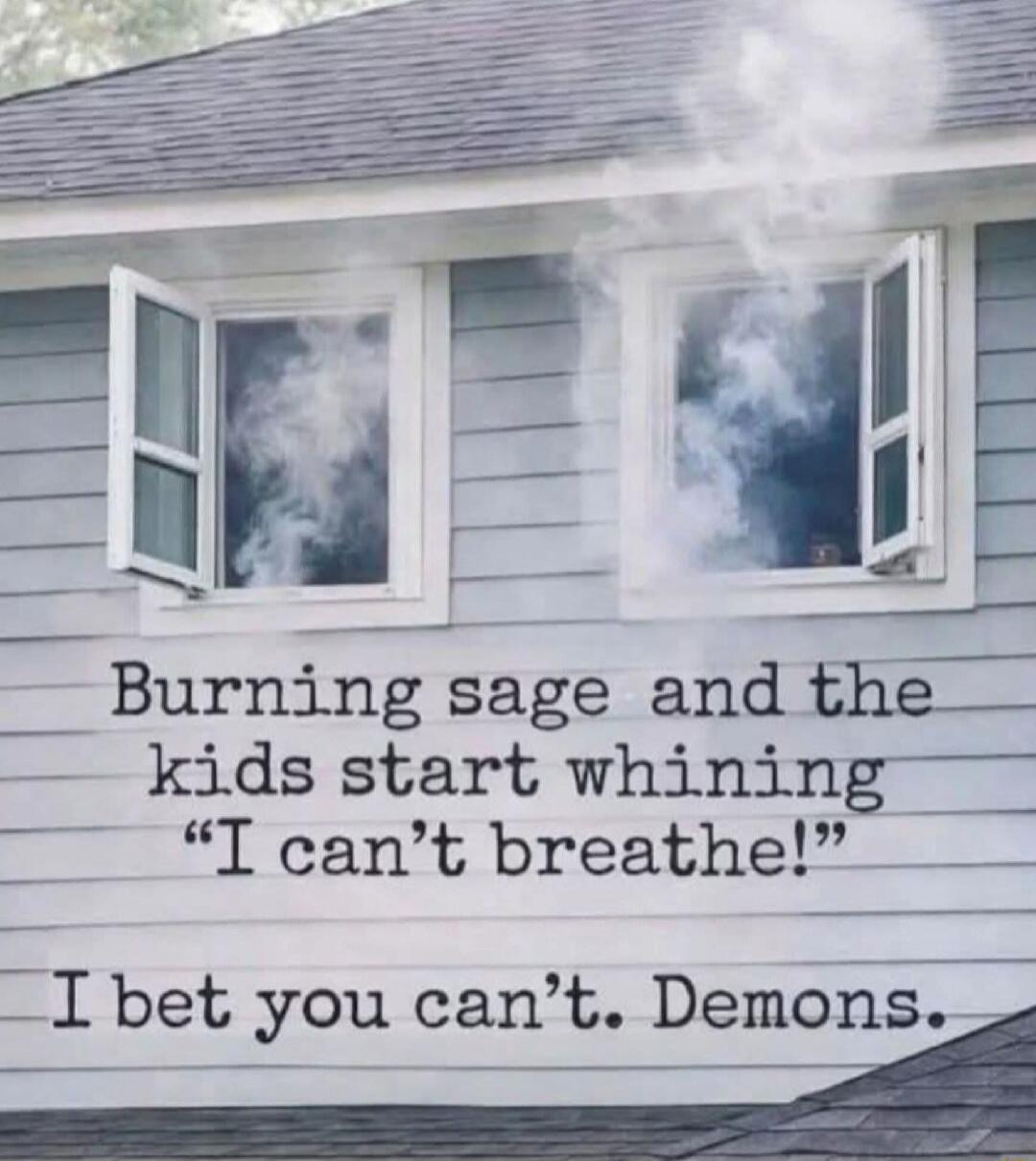Burning sage and the kids start whining “I can’t breathe!” I bet you can’t. Demons.