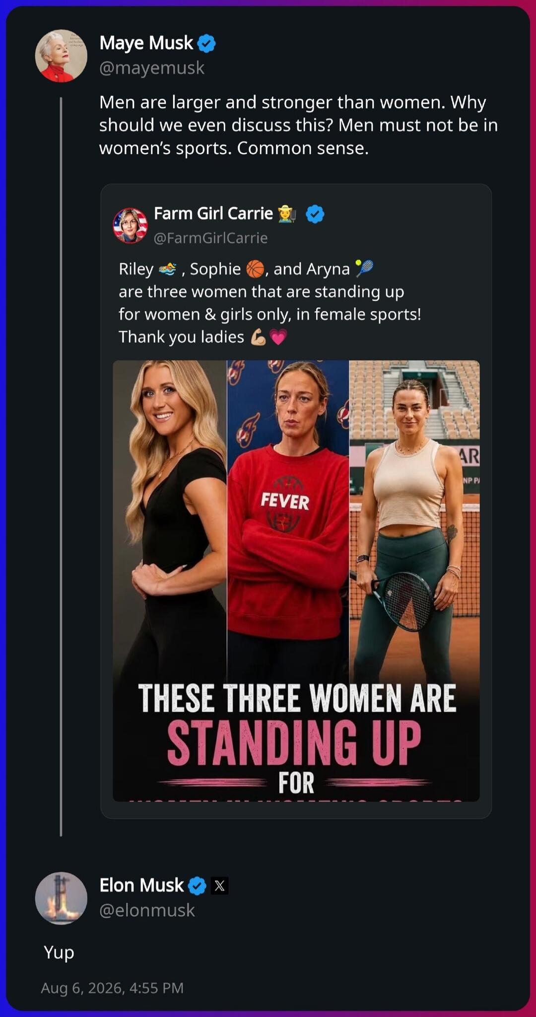 Men are larger and stronger than women. Why should we even discuss this? Men must not be in women's sports. Common sense. Riley, Sophie, and Aryna are three women that are standing up for women & girls only, in female sports! Thank you ladies. THESE THREE WOMEN ARE STANDING UP FOR. Yup.