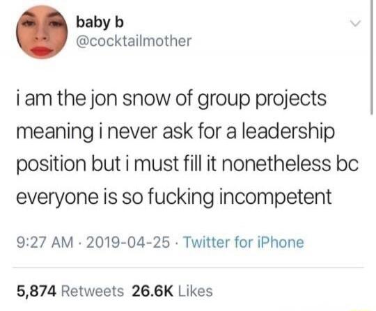 i am the jon snow of group projects meaning i never ask for a leadership position but i must fill it nonetheless bc everyone is so fucking incompetent