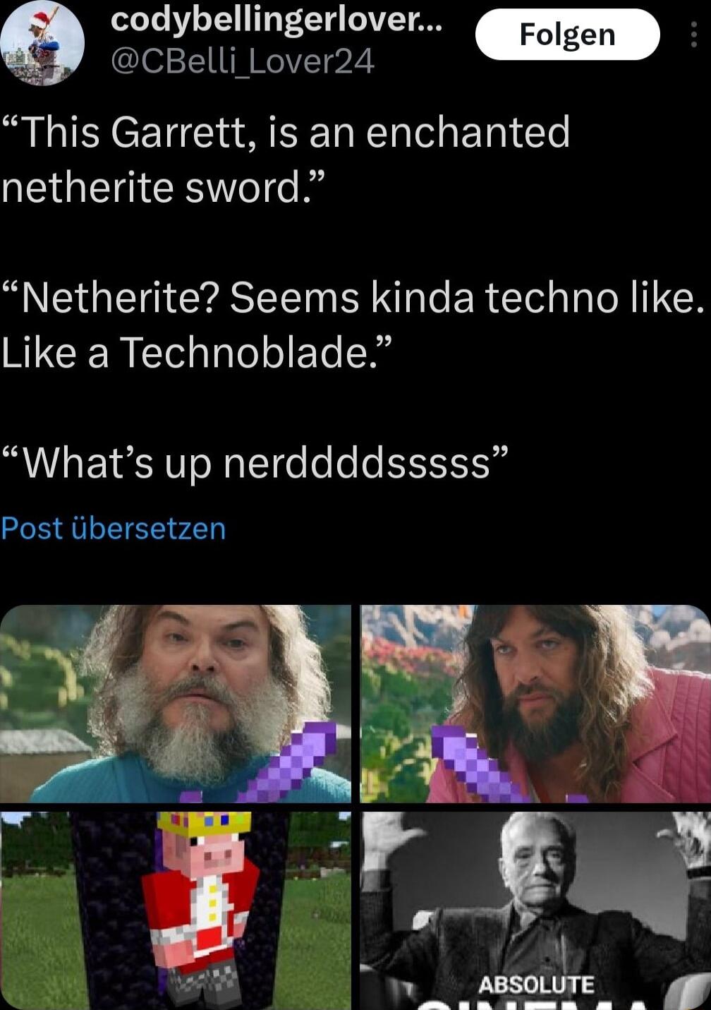 codybellingerlover Folg g CBelli Lover24 This Garrett is an enchanted netherite sword Netherite Seems kinda techno like Like a Technoblade Whats up nerddddsssss Post iibersetzen