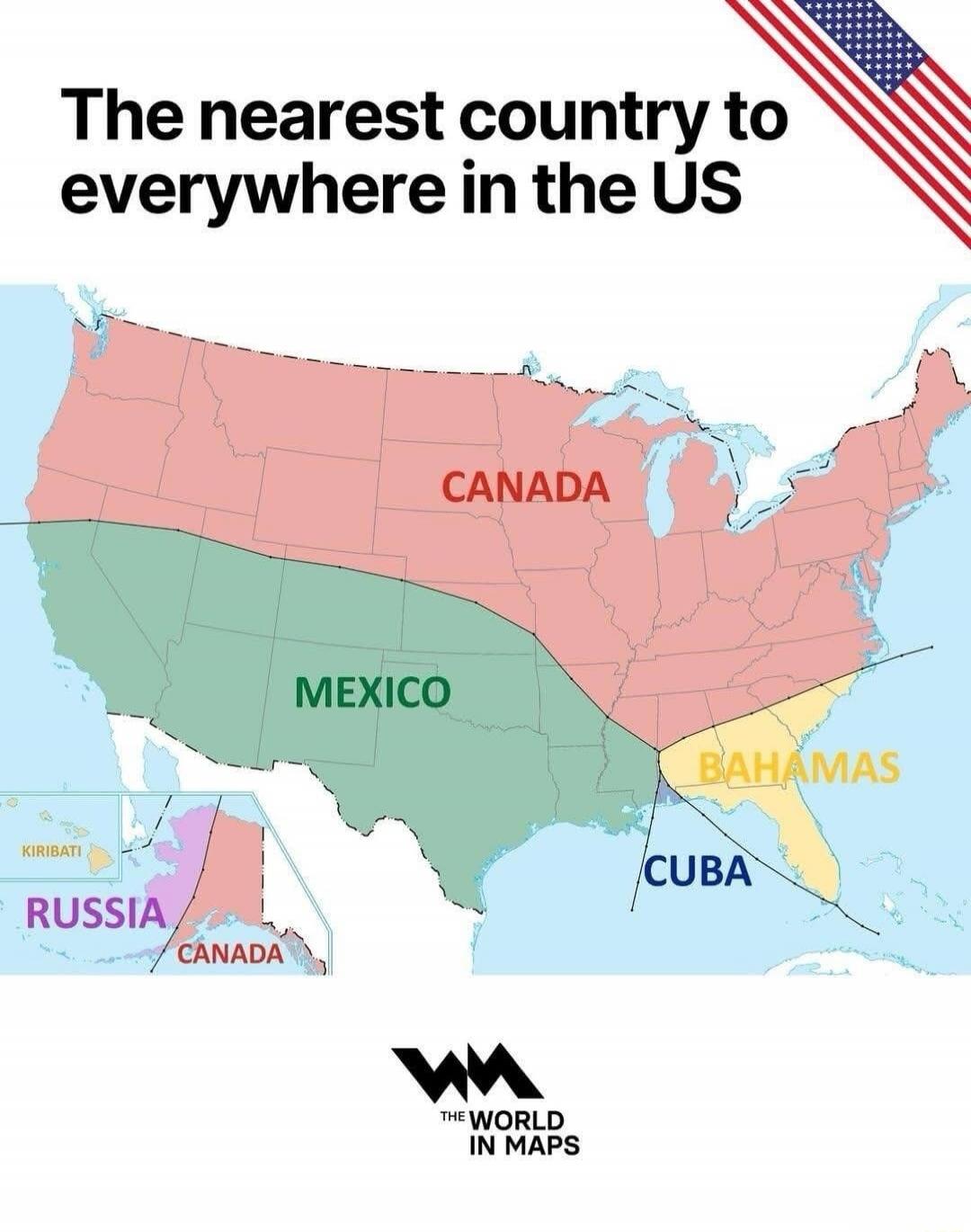 The nearest country to everywhere in the US
CANADA
MEXICO
BAHAMAS
CUBA
RUSSIA
CANADA
Session ID: 987765.