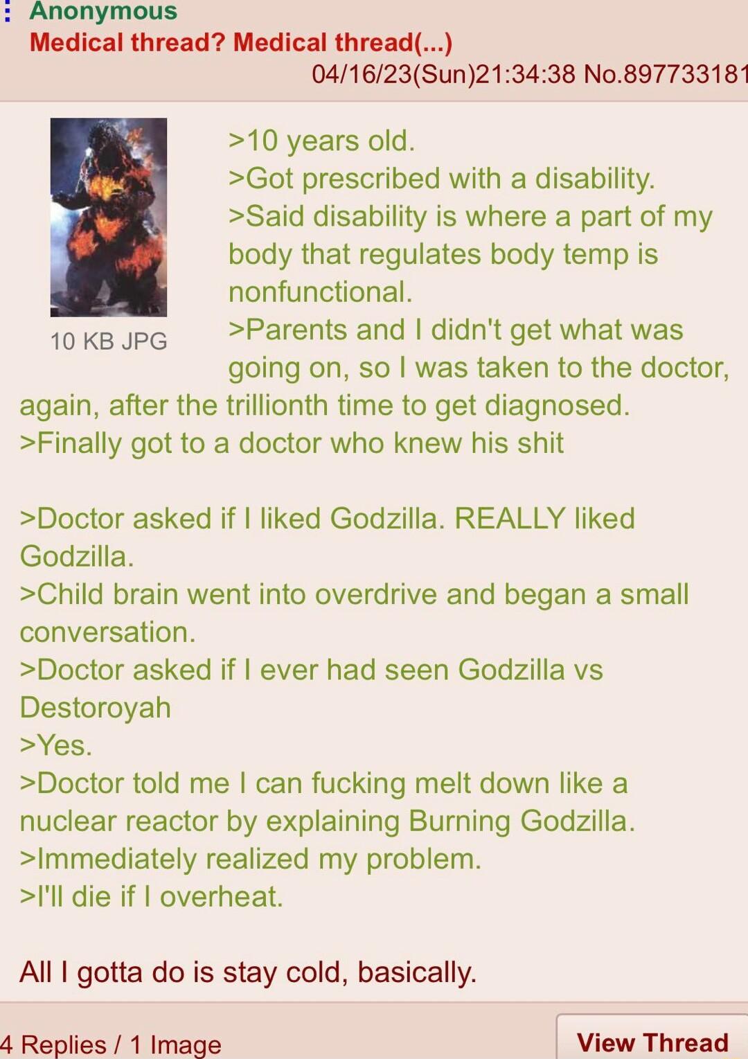 Anonymous Medical thread Medical thread 041623Sun213438 No897733181 10 years old Got prescribed with a disability Said disability is where a part of my body that regulates body temp is nonfunctional loksspe Parents and didnt get what was going on so was taken to the doctor again after the trillionth time to get diagnosed Finally got to a doctor who knew his shit Doctor asked if liked Godzilla REAL