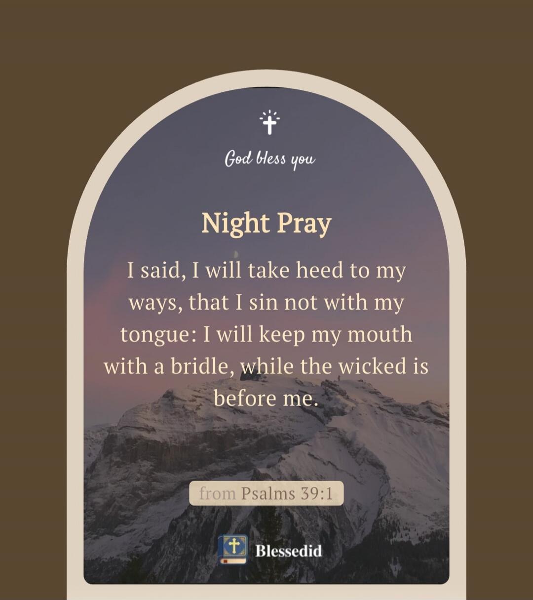 God bless you
Night Pray
I said, I will take heed to my ways, that I sin not with my tongue: I will keep my mouth with a bridle, while the wicked is before me.
from Psalms 39:1
Blessedid