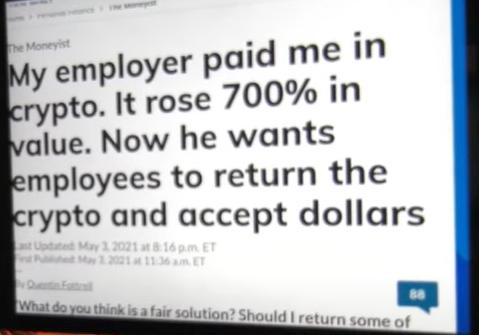 y employer paid me in rypto It rose 700 In alue Now he wants mployees to return the rypto and accept dollars think i 2 A Solution Should return some of